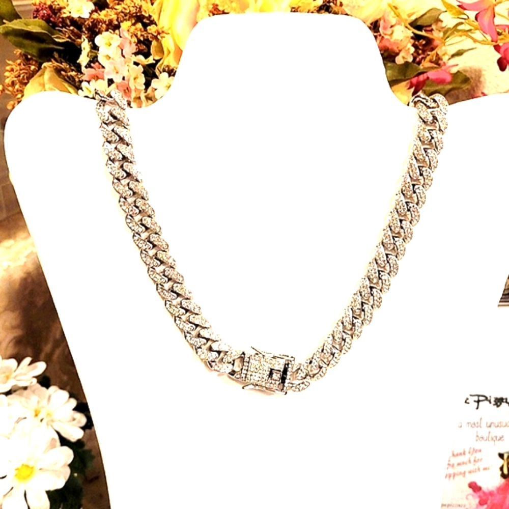 Elegant Silver 18k Chain Necklace iced with CZs. Stainless steel.